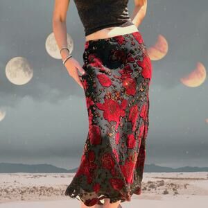 Silk Velvet Burnout Rose Maxi Skirt Black Red Whimsigoth Bias Cut